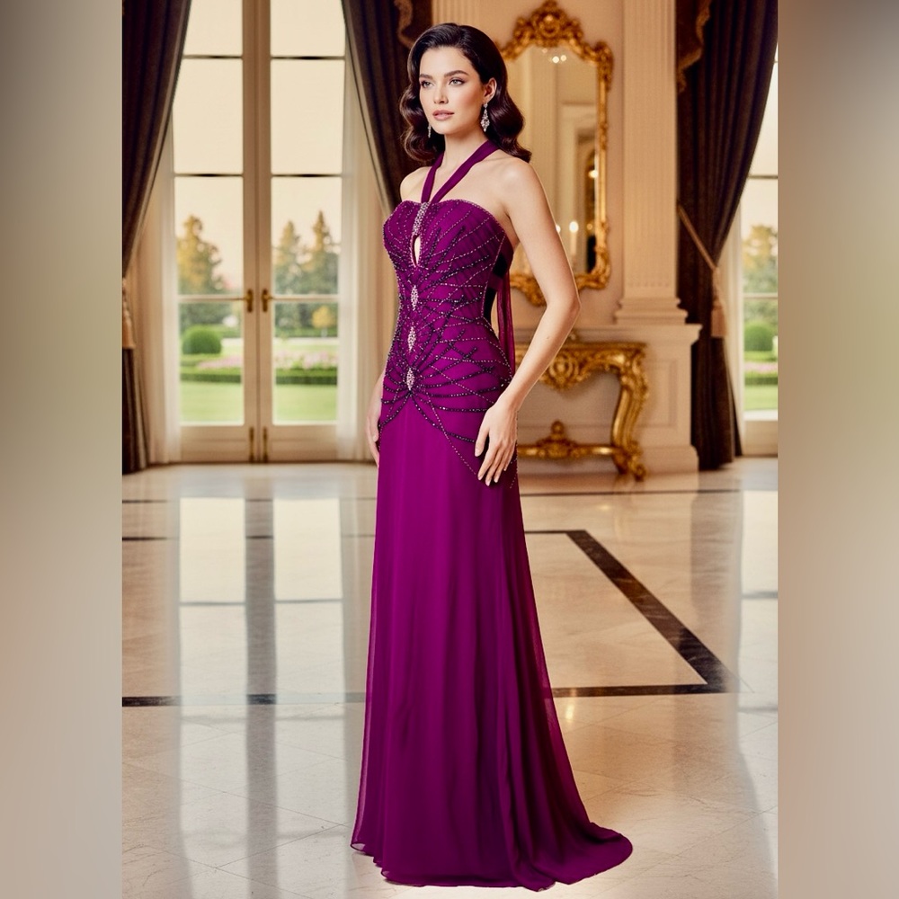 Elegant magenta hand beaded Attitudes by Debra Evening‎ Gown
